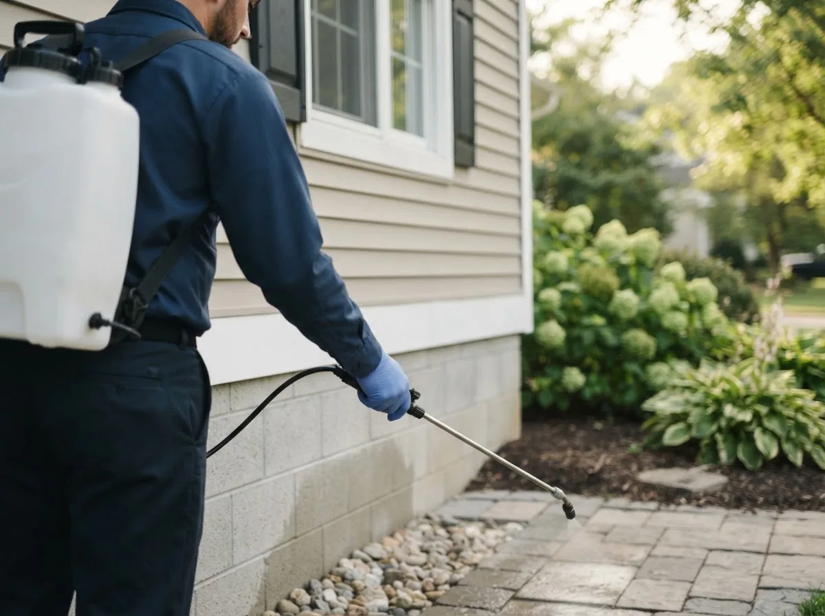 Pest control technician inspecting a home in Dana, IL